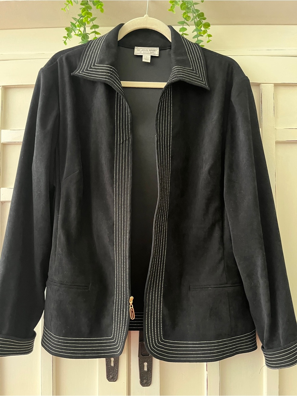 St. John Sport Black Suede Zip-Front Jacket with Contrast Stitching Beautiful